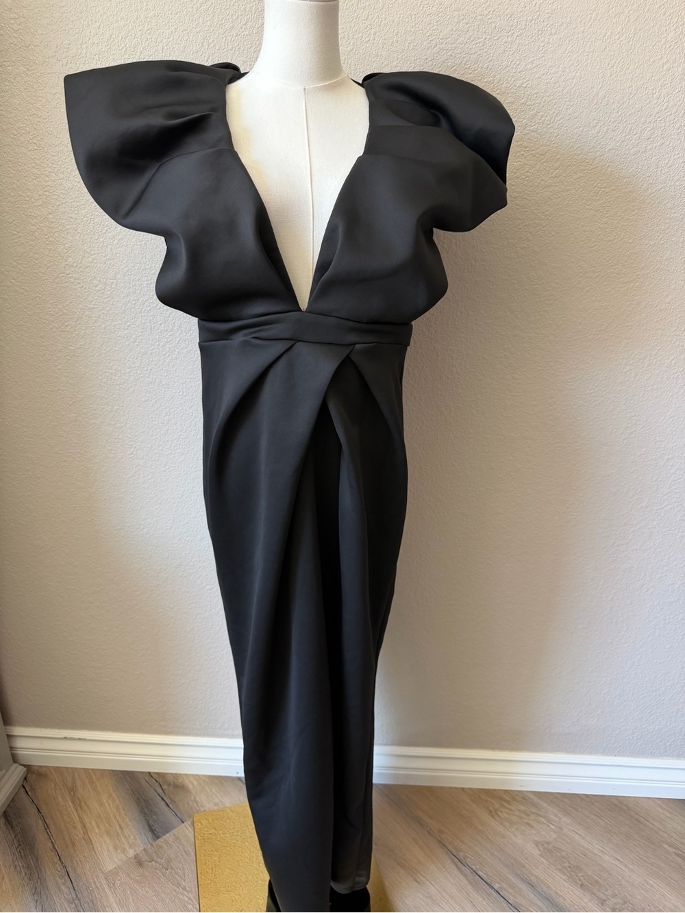 NWOT Memoriesea Black Sexy Deep V Neck Puff Sleeve Side Split Ruched, Large - Picture 4 of 9